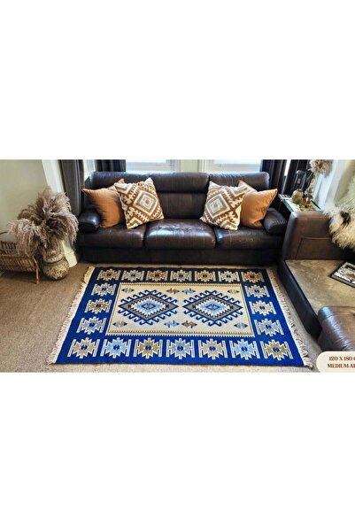 OEM Covor tradițional, dimensiune 120 x 180 cm albastru și crem, model ROMB