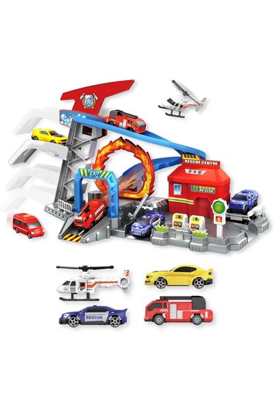 fitto Adventure Roller Coaster Theme Park Playset with Car Lift, Slide, Stunt Ring and 4 Die-Cast Cars - F
