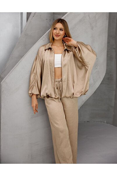 EsSo butik Batwing Sleeve Satin Bomber Jacket Elastic Waist Satin Pants with Side Pockets Two-Piece Set