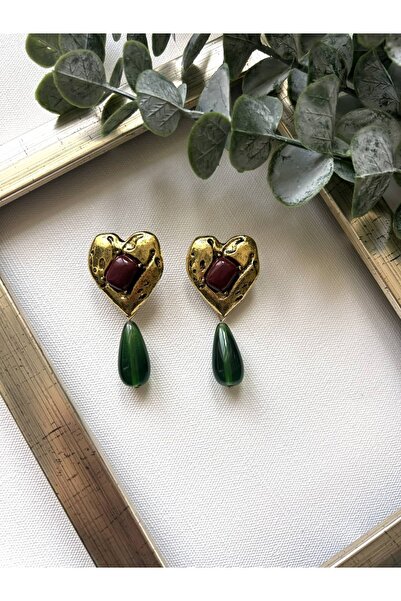 Lavin Accessoriess أقراط على شكل قلب غير متماثل باللون الأحمر الداكن والأخضر