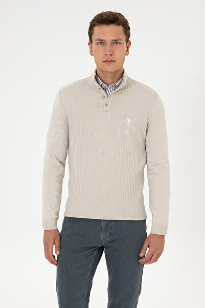 U.S. Polo Assn. Men's Regular Fit Buttoned Collar Stone Sweater 50308915-Vr049
