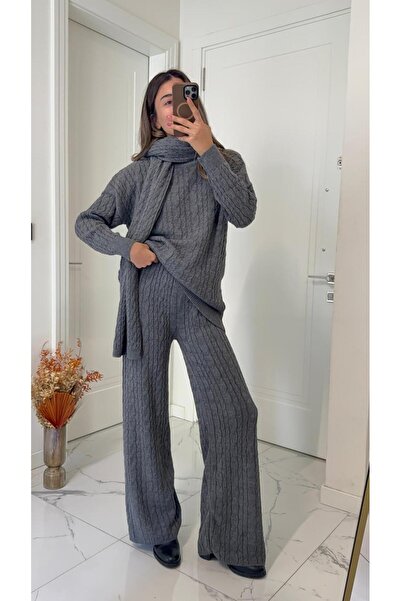 Solie طقم نسائي مكون من 3 قطع: بنطلون مضفر بلون الأنثراسايت وسترة ووشاح