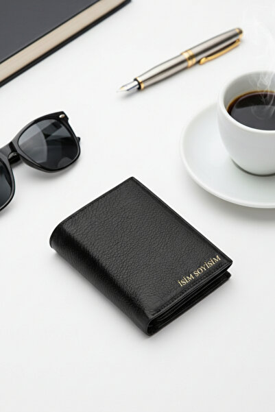VANİLLA COLLECTİON Genuine Leather Vertical Wallet with Zipper Coin Compartment and Name Printing