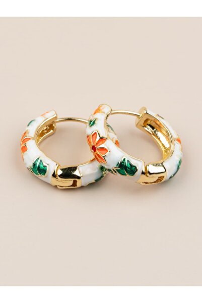 Portakal Esintisi Marivelle Enamel Floral Pattern Vintage Hoop Earrings