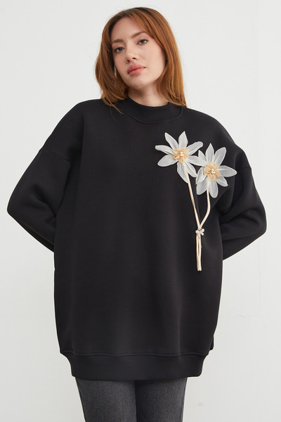 Fulla Moda 3 İplik Çiçek Aksesuarlı Oversize Tunik