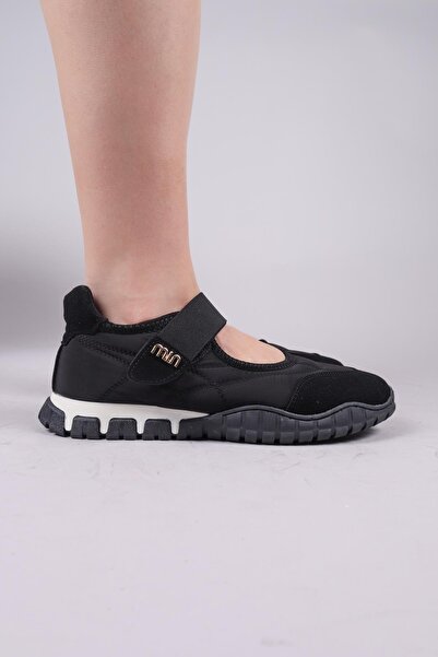 Birikon Madre Velcro Suede Paneled Parachute Ballerina Black