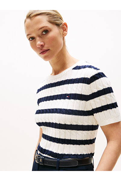 Tommy Hilfiger CO CABLE MID GG S/S C-NK SWT Kadın Beyaz Kazak - WW0WW45656