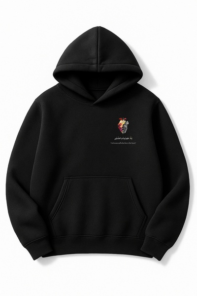 Altair Tr سويت شيرت أسود قصة فضفاضة للجنسين على شكل قلب زهرة مطبوع بغطاء رأس