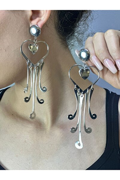 Gönülden Tasarım Steel Note Heart Women's Earrings 13 cm