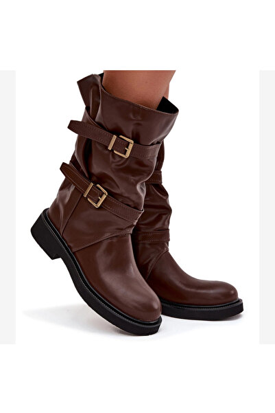 BOTO Botine pliise pentru femei până la jumătatea gambei cu curele și catarame maro Halvessa 37