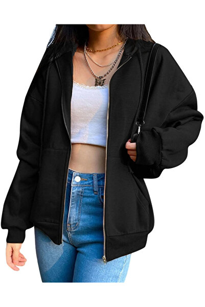 OEM Γυναικείο φούτερ oversized με κουκούλα και φερμουάρ, Μαύρο S