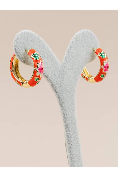 Portakal Esintisi Marivelle Enamel Floral Pattern Vintage Hoop Earrings