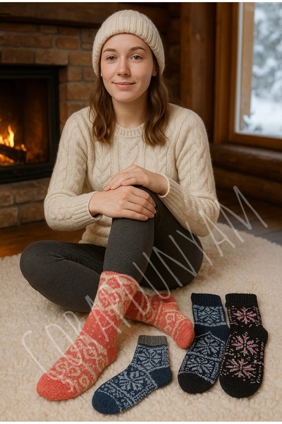 çorapdunyam 4 Pairs of Winter Wool Woven Socks (Colors May Vary)