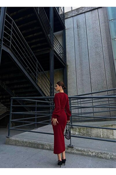 Modafeminen Double-Breasted Collar Long Sleeve Glitter Midi Dress 583167 Red