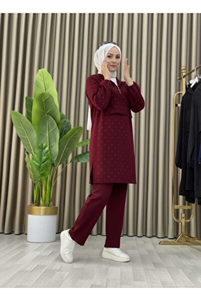 MİSMOLY Stone Detailed Hooded Zippered Double Tunic Set