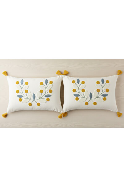 Destiva Home Buldan İşi Floral Yellow Tassel Cotton Punch Embroidered Throw Pillow Cover - 2 Pieces Throw Pillow Cover (35X55 cm)
