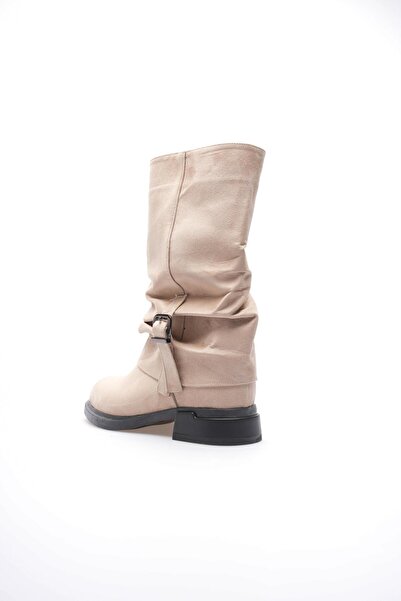 Mubiano Kadın Süet Bot Körüklü Fermuarlı Platin Tokalı Vizon Vandira