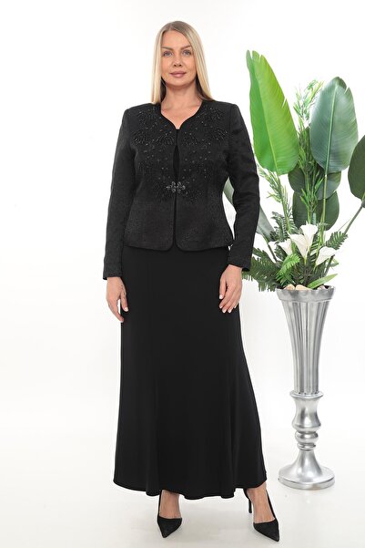 MİSS DİAMOND طقم ثلاثي أنيق وراقٍ من سترة مرصعة بالأحجار وتنورة طويلة باللون ...