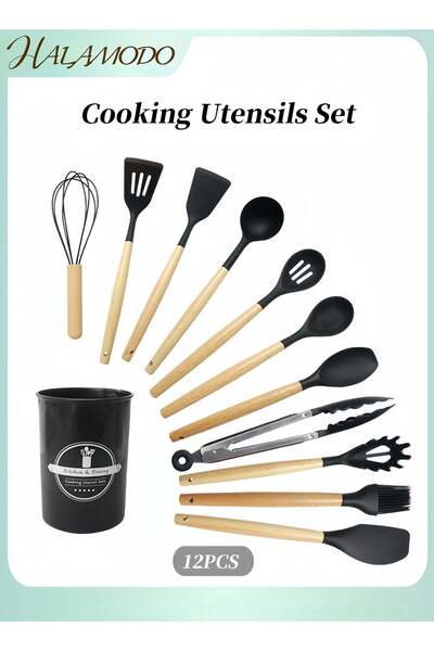 Generic HALAMODO 12PCS Silicone Cooking Utensils Set with Wooden Handle Non-Stick Food Grade Quality Silico