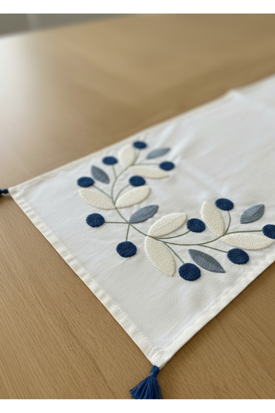 Destiva Home Buldan Handwork Floral Pattern Embroidered Blue Tasseled Cotton Runner (40X130 cm)