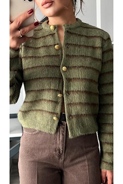 Oslove Khaki-Brown Striped Gold Button Cardigan