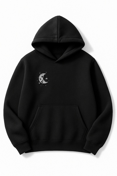 Altair Tr سويت شيرت أسود قصة فضفاضة للجنسين موديل مطبوع بغطاء رأس