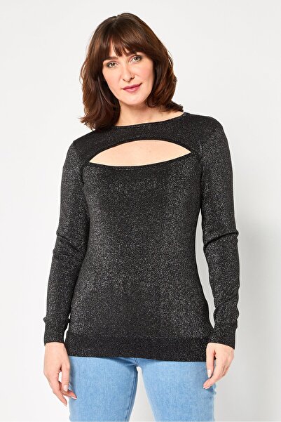 Karl Lagerfeld Women Crew Neckline Long Sleeves Metallic Top, Black