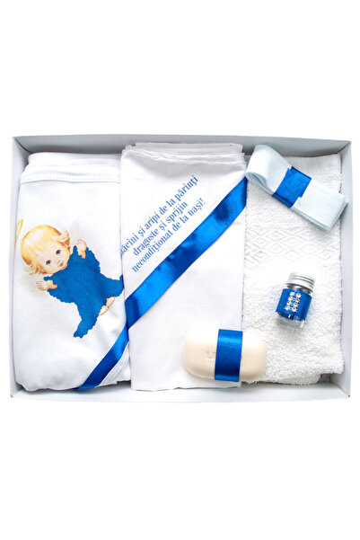 OEM Set botez, 6 piese personalizate cu text cu imprimeu - „Rădăcini și Aripi” - Înger Albastru - TPB-110