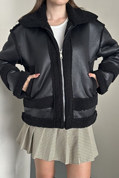 moda armanc Women's Fur Leather Coat - Oversized Faux Leather Coat - Shearling Inside Plush Jacket (Brown / Black)