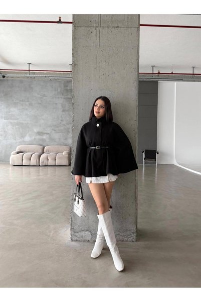 maf collection Poncho negru pentru femei, cu detaliu cu nasturi, cu centură