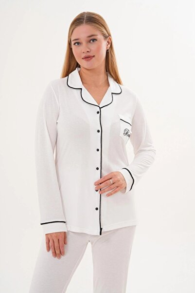 Mecit Pijama Buttoned Women's Shirt Collar Long Sleeve Pajama Set 65% Cotton 35% Viscose