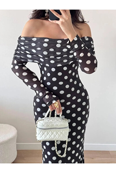 Julidress Polka Dot Madonna Collar Lined Engagement Party Premium Maxi Long Tulle Dress