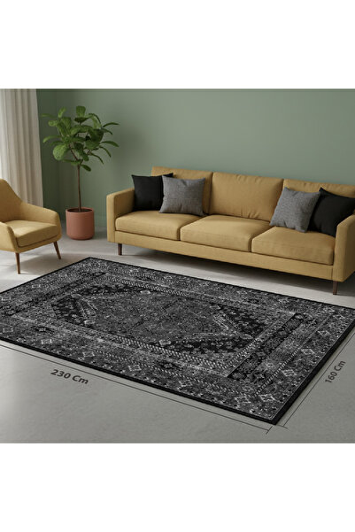 Home Soul Modern Charcoal Grey Rug with Antique Oriental Monochrome Design for Living Room or Bedroom | Bold Rug