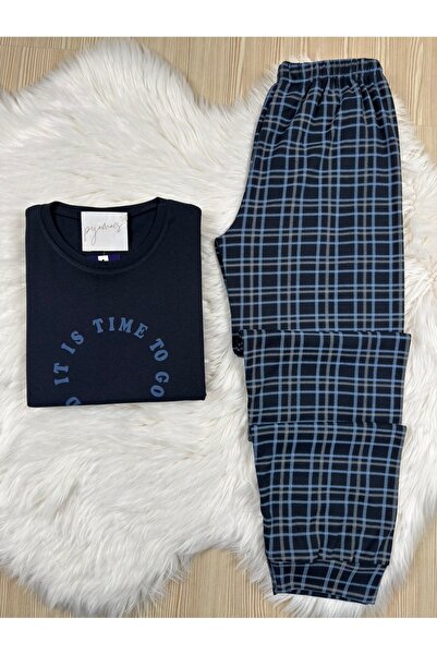 Pijamacs Чорно-синій піжамний комплект для чоловіків з довгими рукавами, м'якою тканиною та манжетами в клітинку