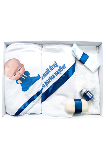 OEM Set botez 6 buc, alb, broderie personalizată „Cu dragoste de la nași” - Baby Boss Blue -