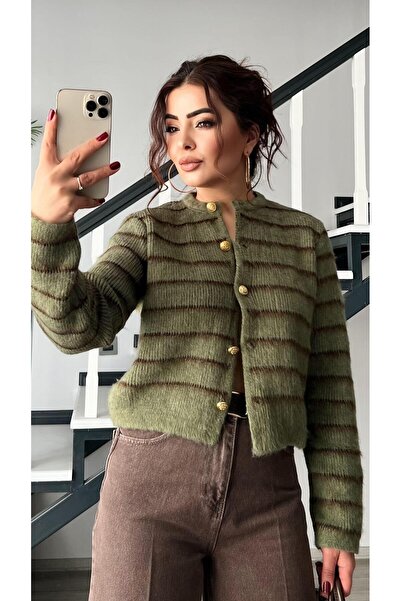 Oslove Khaki-Brown Striped Gold Button Cardigan