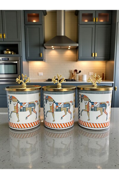 ferayhome Baharatlık Silindir 3 lü Metalli Kahve Köşesi Herm Desen 750 ml Mercan Gold - Feray Home