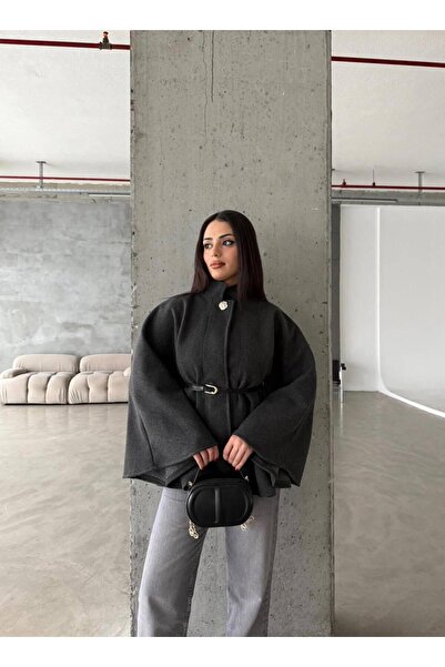 maf collection Women's Gray Button Detail Belted Poncho