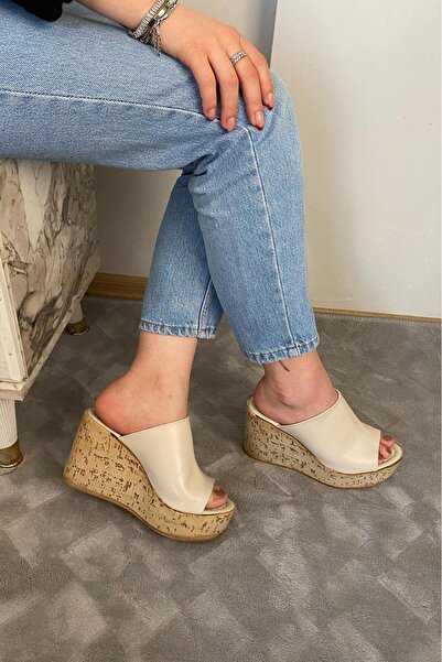 asmi shoes Women's Limo Beige Padded Cork Sole Slippers 10 cm Cream