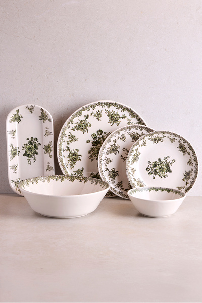 Perotti Antik Yeşil 27 Parça 6 Kişilik Seramik Yemek Takımı Vintage Çiçek Desenli Yuvarlak Servis Seti