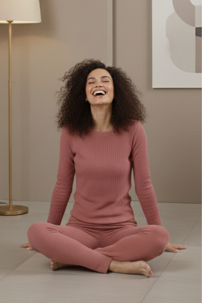 Farya Home Βαμβακερό Χοντρό Χειμερινό Σετ Πιτζάμες Πλεκτό Σετ Πιτζάμες με ρίγες επένδυση fleece