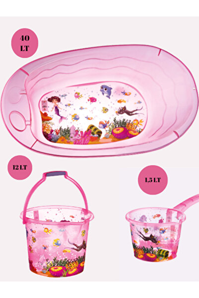 Loremp Bebek Banyo Seti Şeffaf Balık Desenli Küvet Kova Maşrapa Seti Pembe Renk