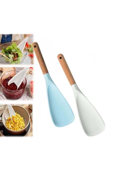 Generic CMGTYYD 2PCS Consensuts Multi Function Spoon, Consensuts Spatula, 2-in-1 Long Wood Handle Matte Sil