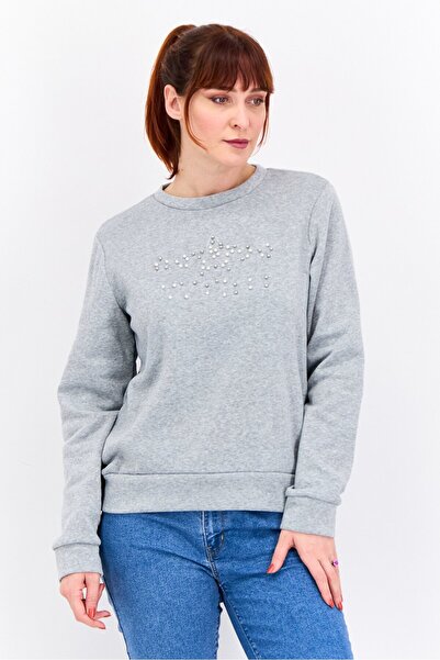 Buzz Women Crew Neck Long Sleeves Embellished Sweatshirt, Heather Grey