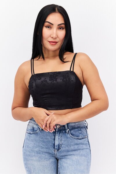 Etam Women Square Neck Sleeveless Textured Crop Top, Black