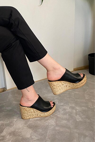 asmi shoes Women's Limo Black Padded Cork Sole Slippers 10 cm Black