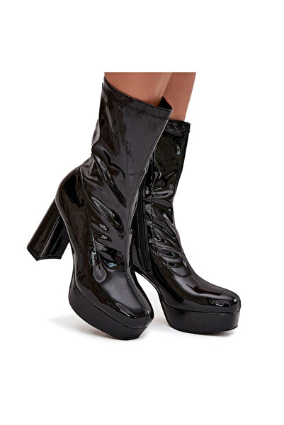 BOTO Botine din piele lacuită pentru femei cu platformă și toc înalt negru Calvessa 39