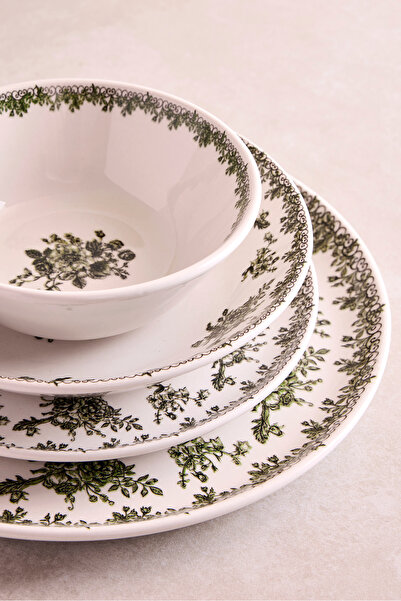 Perotti Antik Yeşil 27 Parça 6 Kişilik Seramik Yemek Takımı Vintage Çiçek Desenli Yuvarlak Servis Seti