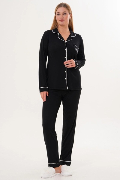 Mecit Pijama Buttoned Women's Shirt Collar Long Sleeve Pajama Set 65% Cotton 35% Viscose