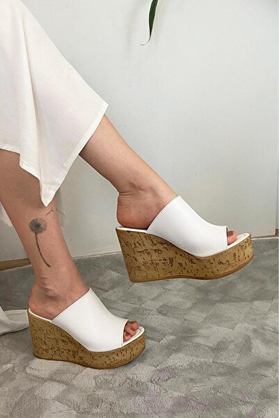 asmi shoes Women's white limo wedge sandal with cork sole and 10 cm heel